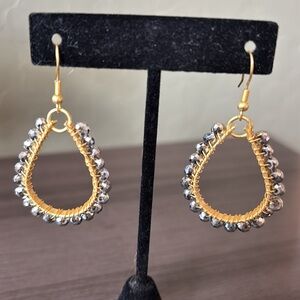 Faceted Hematite Czech Glass Teardrop‎ Earrings NWT